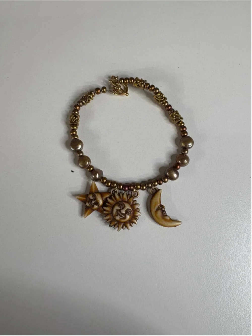 Handmade Sun Moon Star Beaded Clasp Bracelet 7.5” Earth Tones